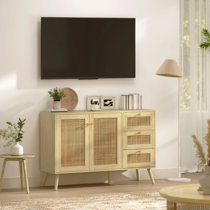 HOMCOM 47" Buffet Cabinet with Soft-Close Doors, Rattan Sideboard with Drawers, Adjustable Shelf and Wooden Legs, Natural