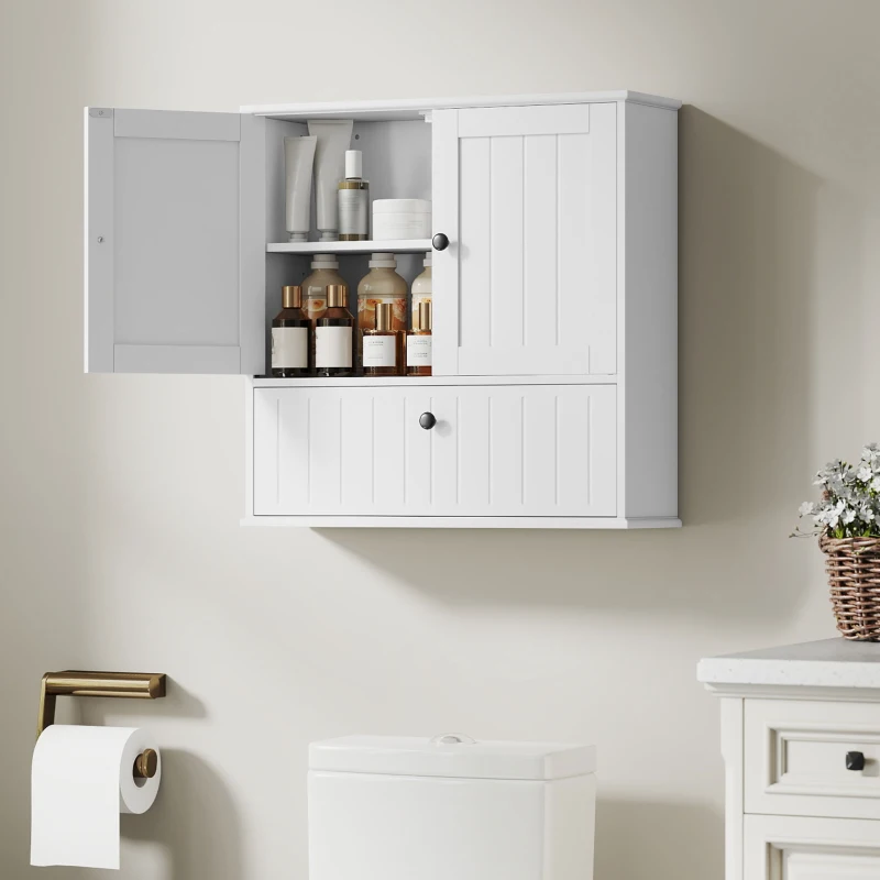 HOMCOM Bathroom Wall Cabinet, Farmhouse Medicine Cabinet with Adjustable Shelves and Flip-Down Door, Over The Toilet, White
