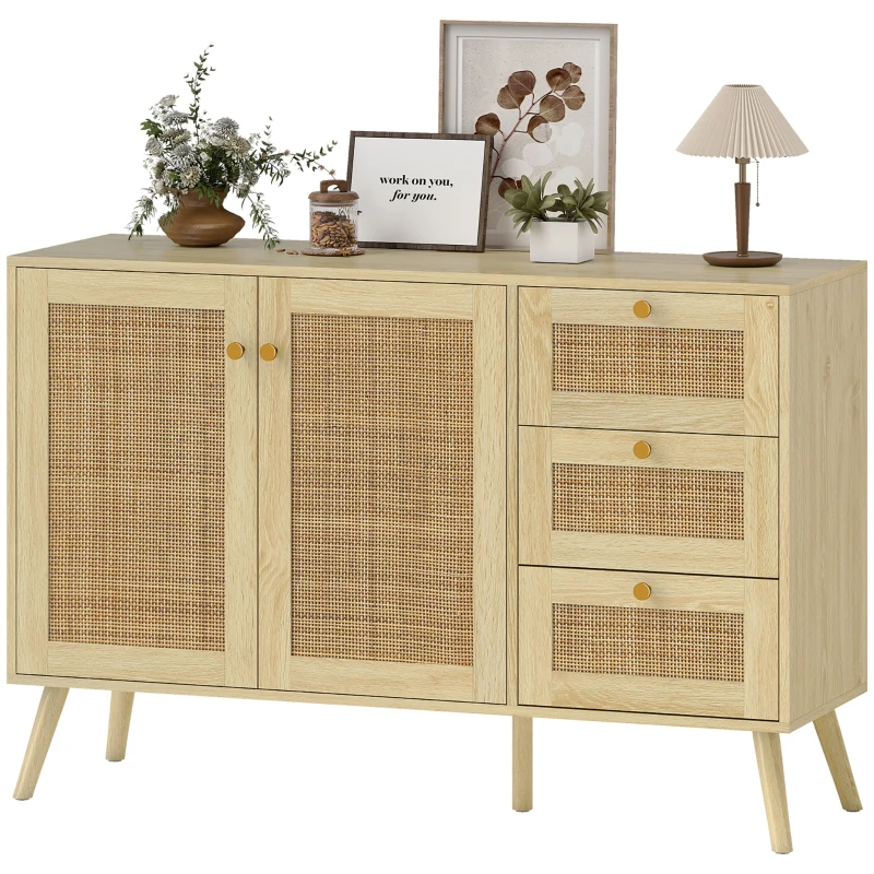 HOMCOM 47" Buffet Cabinet with Soft-Close Doors, Rattan Sideboard with Drawers, Adjustable Shelf and Wooden Legs, Natural