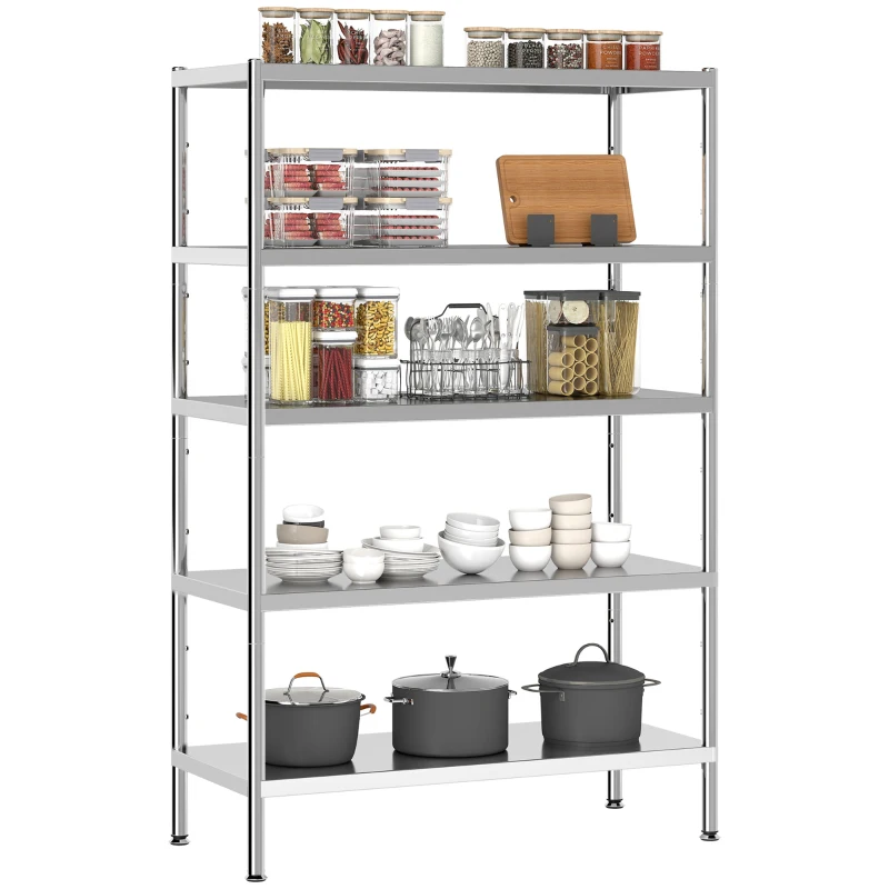 HOMCOM Bakers Rack, 5-Tier Stainless Steel Kitchen Storage Shelf with Adjustable Heights for Spices, Pots and Pans, Silver