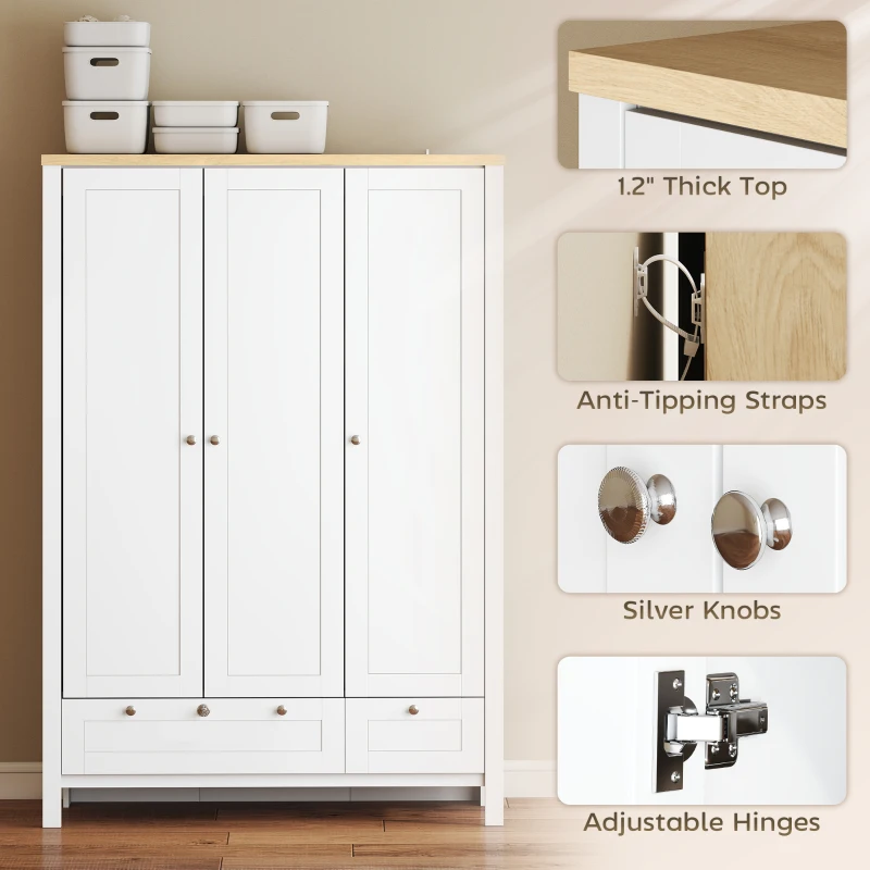 HOMCOM 3 Doors Wardrobe Closet with 2 Drawers, Bedroom Armoire with Lockable Drawer, Hanging Rod and Storage Shelves, White