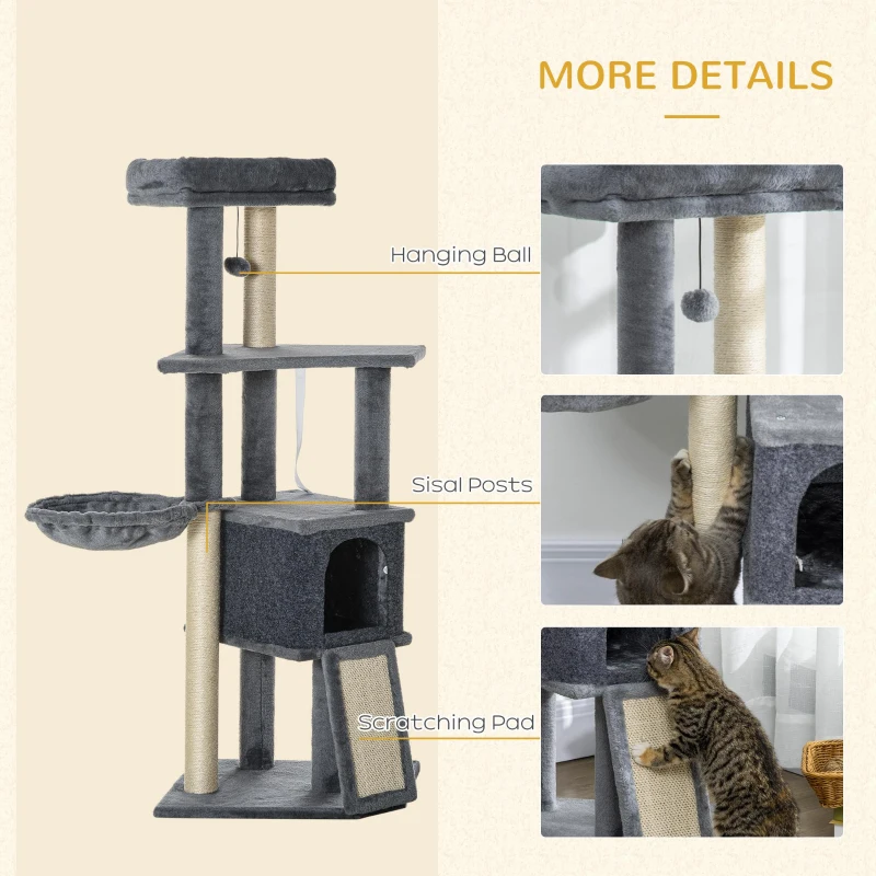 PawHut 50 Inch Cat Tree, Multi-Level Cat Tower with Sisal Scratching Posts and Ramp, Bed, Condo, Hammock, Toy Ball, Grey