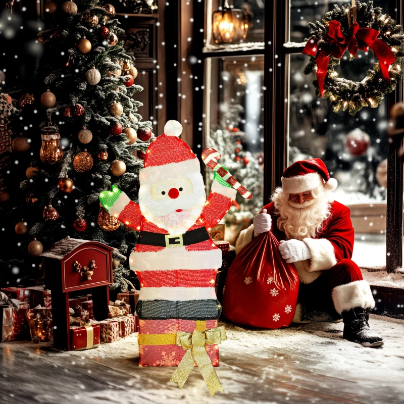 Outsunny 3ft Lighted Santa Claus, Light Up Christmas Decor with 97 LEDs, Stakes and Zip Ties, IP44 Waterproof for Indoor Outdoor
