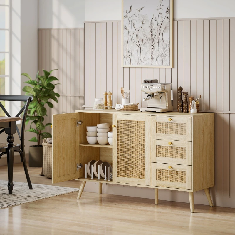 HOMCOM 47" Buffet Cabinet with Soft-Close Doors, Rattan Sideboard with Drawers, Adjustable Shelf and Wooden Legs, Natural