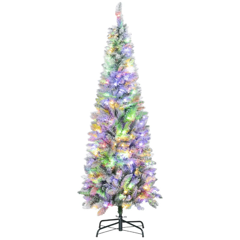 HOMCOM 6ft Flocked Christmas Tree with Dual Colour LED Light, Pencil Hinged Xmas Tree with 11 Light Modes, Easy Assembly