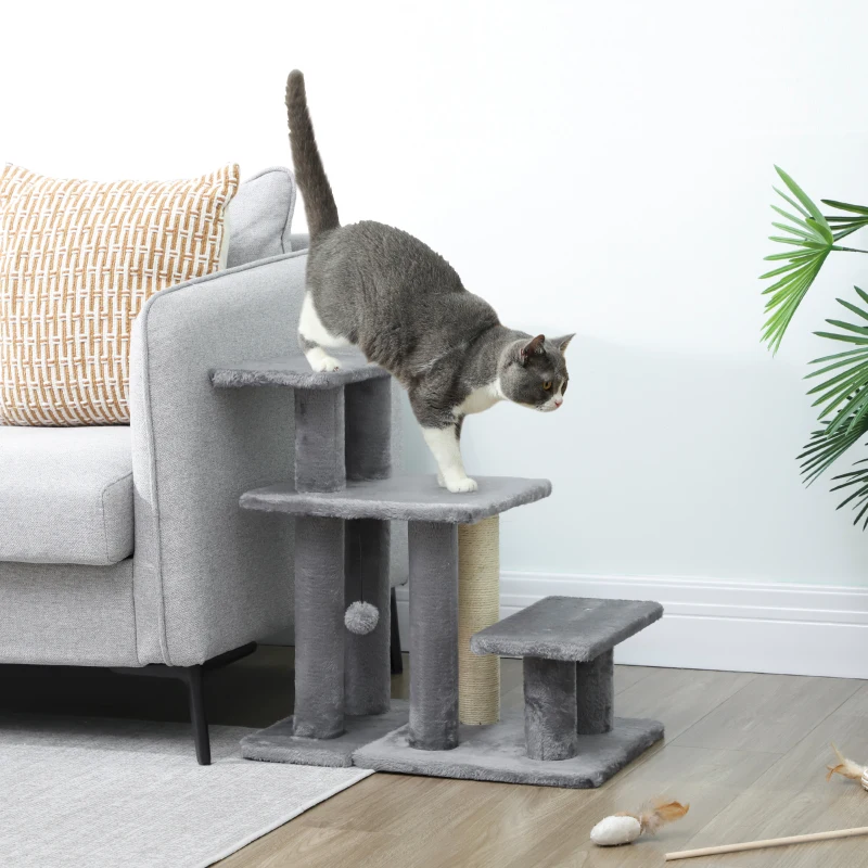PawHut Cat Stairs with 2 Sisal Scratching Post for High Bed Couch, Adjustable 3-Tier Pet Stairs, Grey