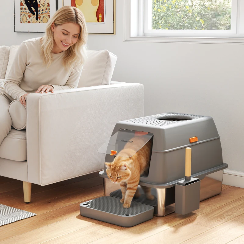 PawHut XL Stainless Steel Cat Litter Box, 80L Kitty Litter Box with Front/Top Entry, Trapping Step, Scoop, for Large Big Cats