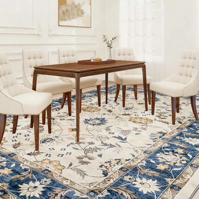 HOMCOM Machine Washable Area Rug 4x6, Non-Slip Boho Floral Print Floor Carpet for Living Room, Bedroom, Dining Room, Blue