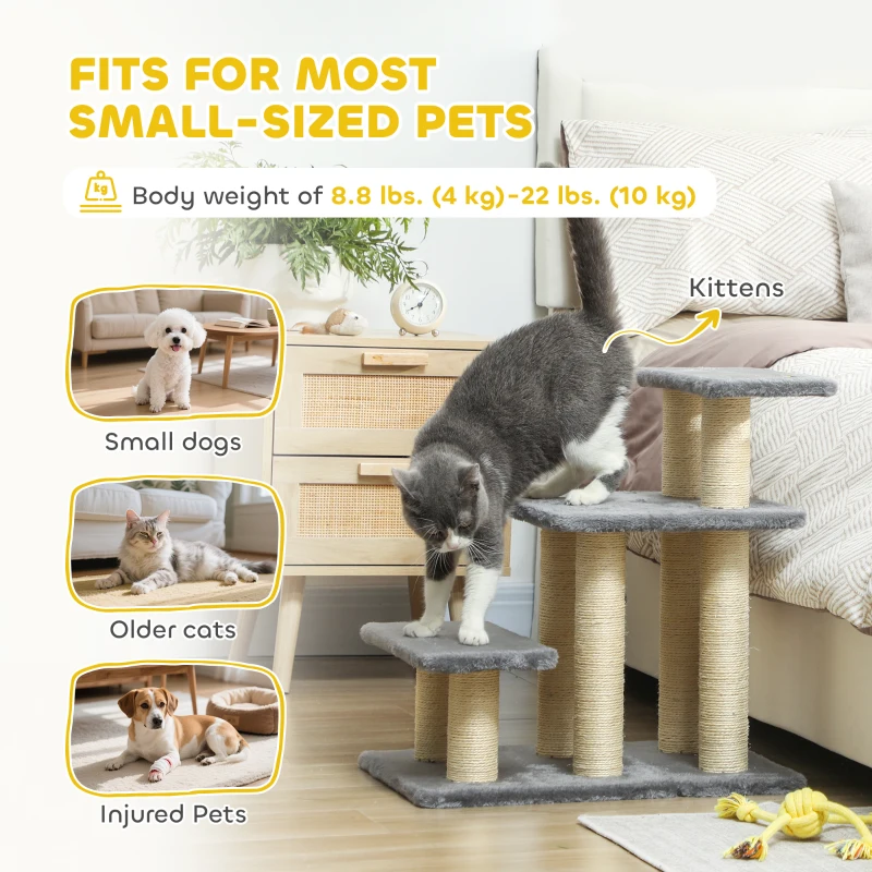 PawHut Cat Stairs with 2 Sisal Scratching Post for High Bed Couch, Adjustable 3-Tier Pet Stairs, White & Grey
