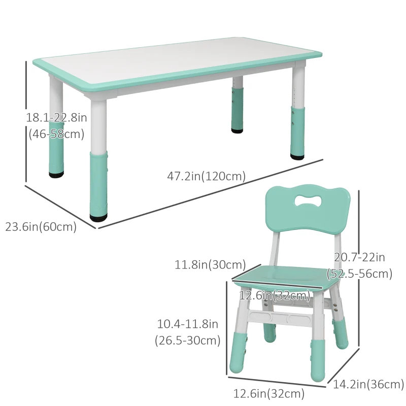 Qaba Kids Table and Chair Set with 4 Chairs, Adjustable Height, Easy to Clean, for 1.5 - 5 Years Old, Green