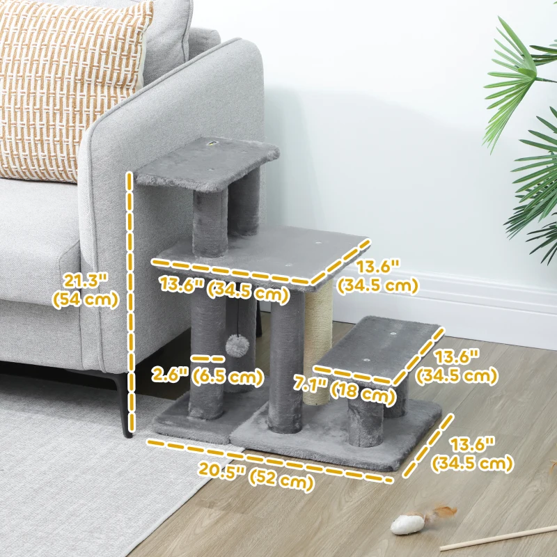 PawHut Cat Stairs with 2 Sisal Scratching Post for High Bed Couch, Adjustable 3-Tier Pet Stairs, Grey
