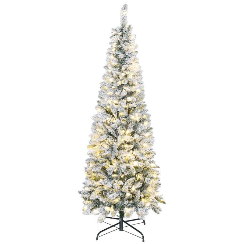 HOMCOM 6ft Flocked Christmas Tree with Dual Colour LED Light, Pencil Hinged Xmas Tree with 11 Light Modes, Easy Assembly