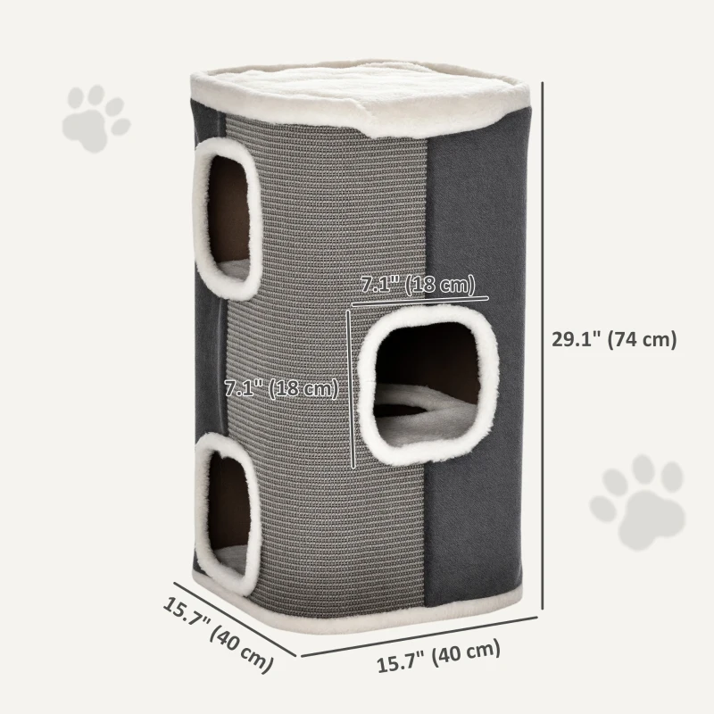 PawHut 4-Story Cat House for Indoor, Cat Condo with Sisal Scratching Surface, Removable Cushion, 16" x 16" x 29", Grey