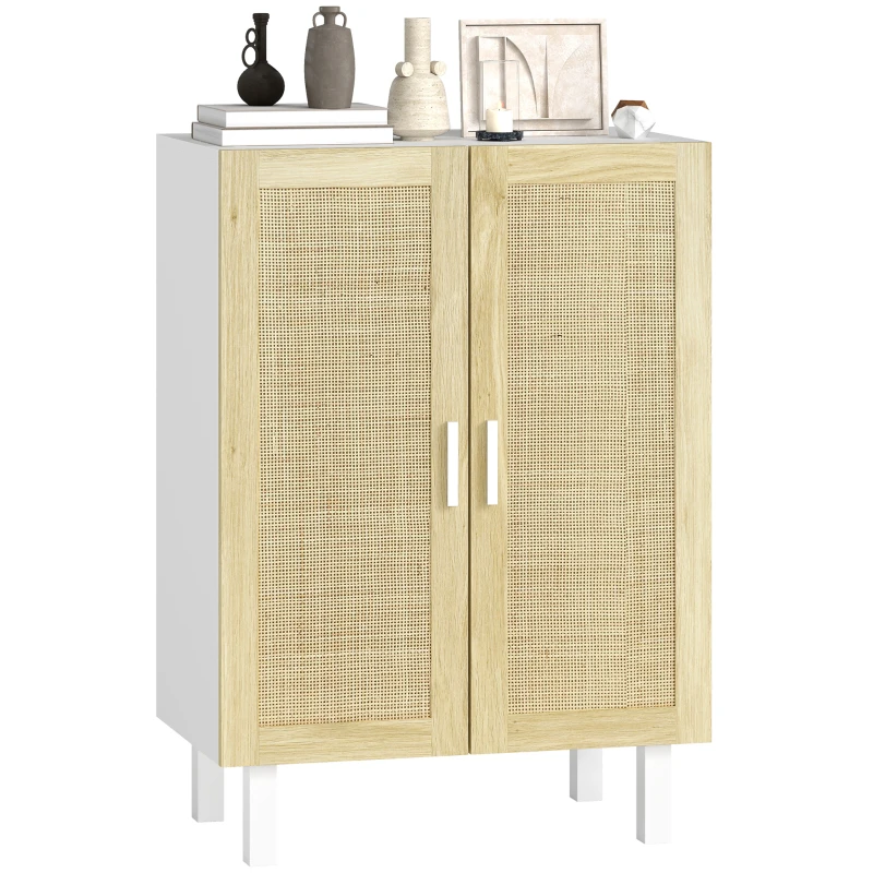 HOMCOM Boho Kitchen Cabinet, Buffet Cabinet with 2 Rattan Doors and Adjustable Shelves for Dining Room, White and Natural