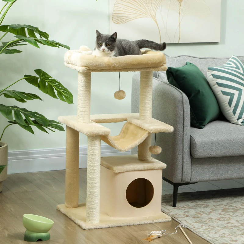 PawHut 39.25'' Cat Tree Tower Multi-Level Kitten House with Scratching Post Condo Hammock Bed Ball Toy - Beige