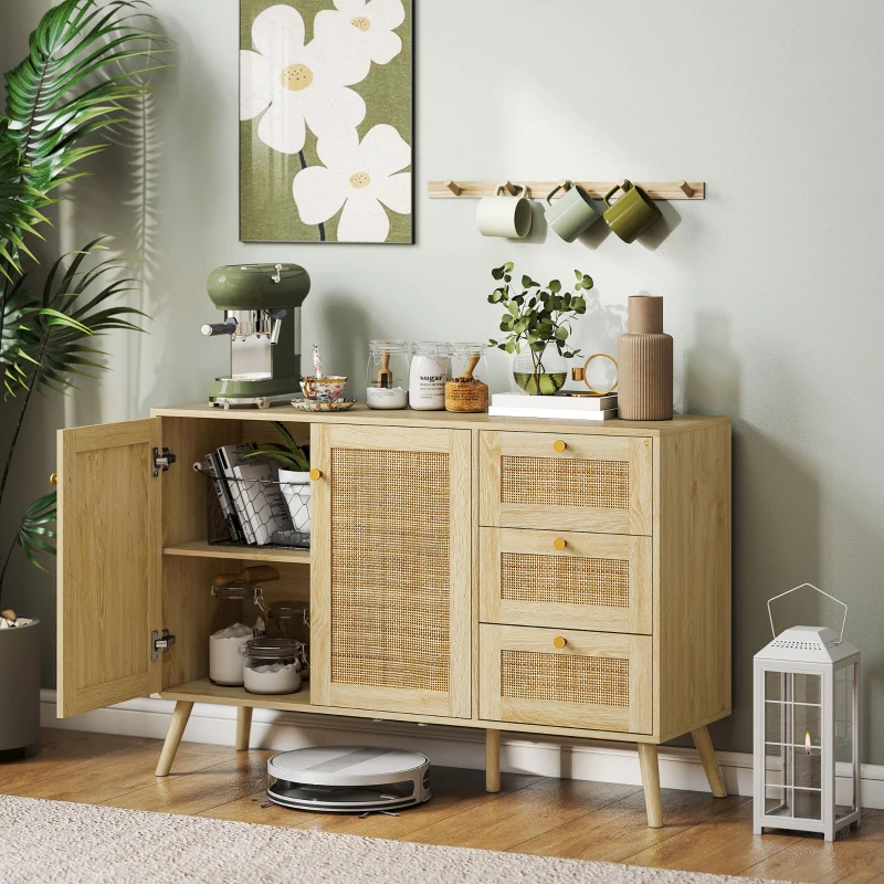 HOMCOM 47" Buffet Cabinet with Soft-Close Doors, Rattan Sideboard with Drawers, Adjustable Shelf and Wooden Legs, Natural