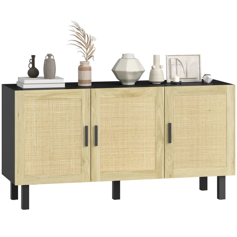 HOMCOM Boho Kitchen Cabinet, Buffet Cabinet with 3 Rattan Doors and Adjustable Shelves for Dining Room, Black and Natural
