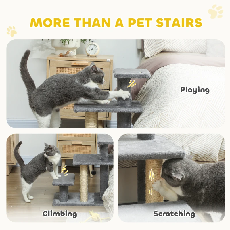 PawHut Cat Stairs with 2 Sisal Scratching Post for High Bed Couch, Adjustable 3-Tier Pet Stairs, Grey