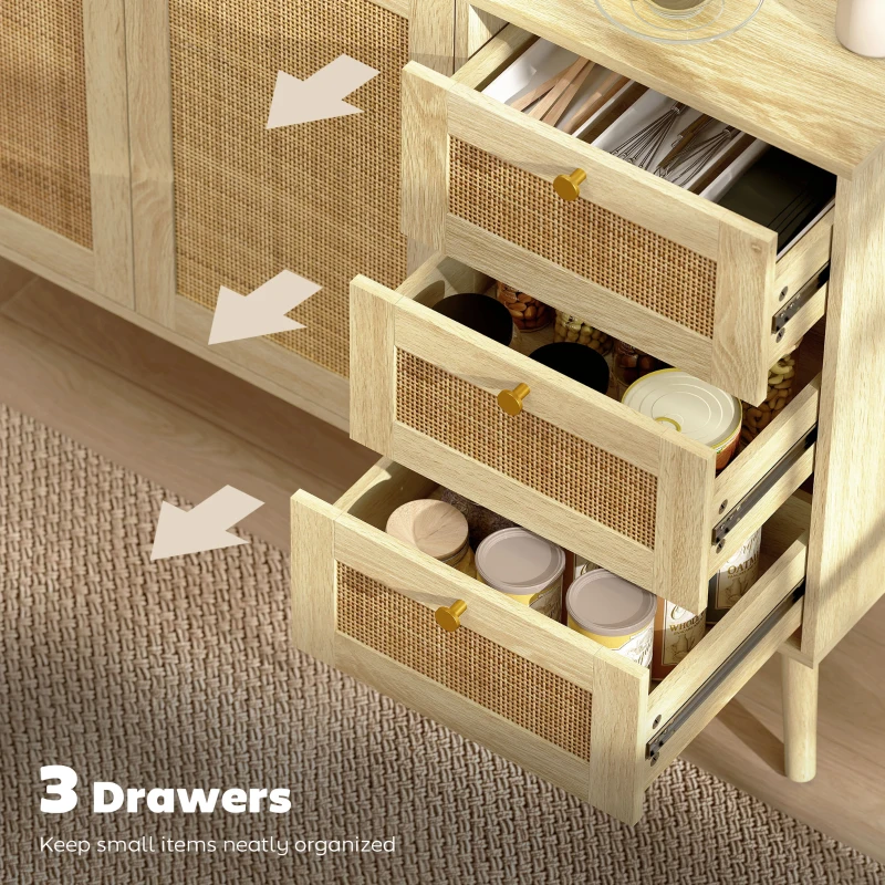 HOMCOM 47" Buffet Cabinet with Soft-Close Doors, Rattan Sideboard with Drawers, Adjustable Shelf and Wooden Legs, Natural
