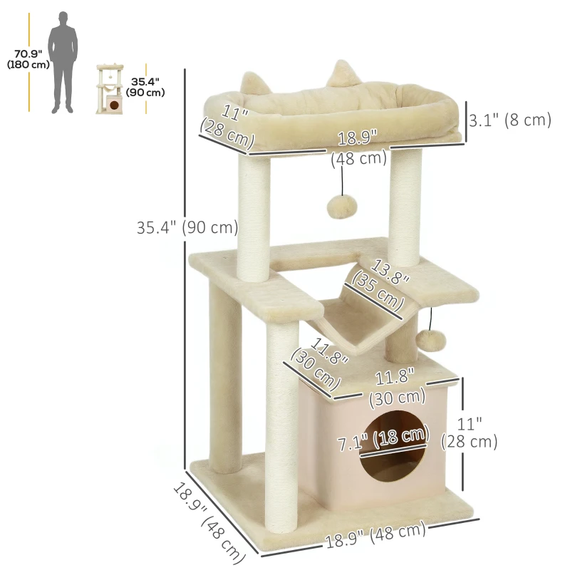 PawHut 39.25'' Cat Tree Tower Multi-Level Kitten House with Scratching Post Condo Hammock Bed Ball Toy - Beige