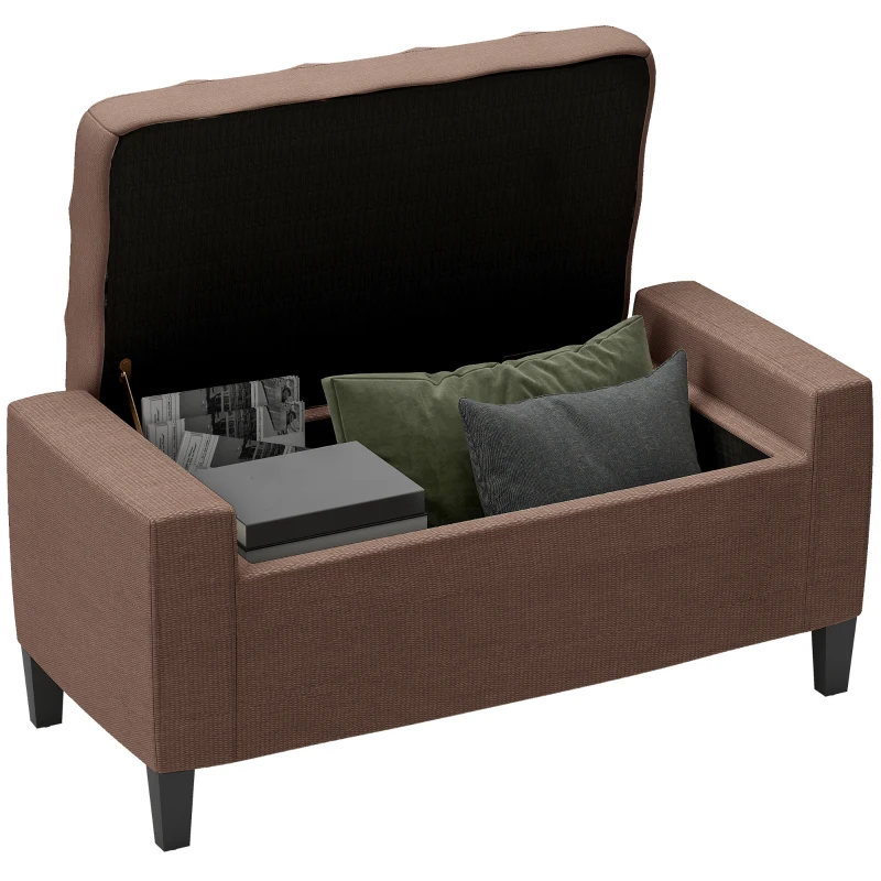 HOMCOM 36" Ottoman with Storage, Storage Ottoman Bench with Lift Top and Rubberwood Legs, Linen Upholstered Entryway Bench with Seating for Living Room, Bedroom, Holds up to 330 lb, Dark Brown