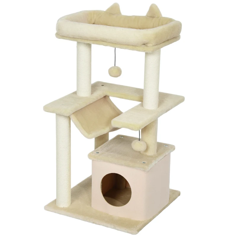 PawHut 39.25'' Cat Tree Tower Multi-Level Kitten House with Scratching Post Condo Hammock Bed Ball Toy - Beige