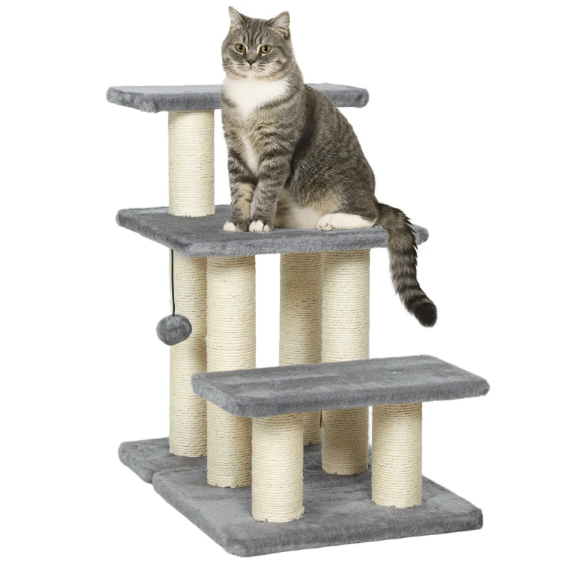 PawHut Cat Stairs with 2 Sisal Scratching Post for High Bed Couch, Adjustable 3-Tier Pet Stairs, White & Grey