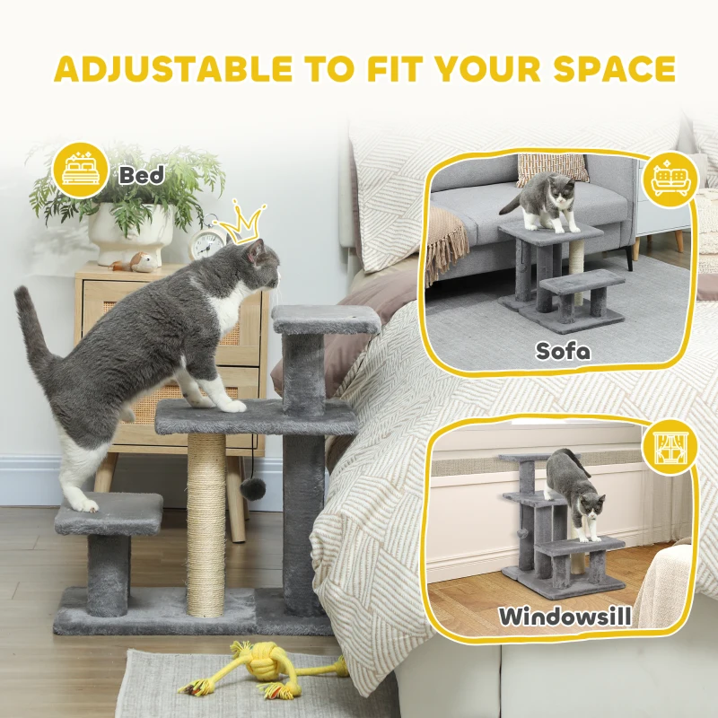 PawHut Cat Stairs with 2 Sisal Scratching Post for High Bed Couch, Adjustable 3-Tier Pet Stairs, Grey