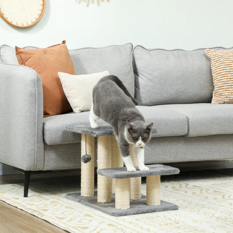 PawHut Cat Stairs with 2 Sisal Scratching Post for High Bed Couch, Adjustable 3-Tier Pet Stairs, White & Grey