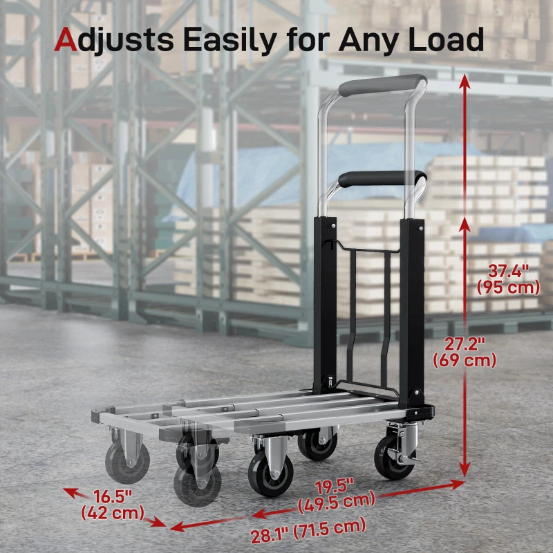 HOMCOM 330 lbs Heavy Duty Hand Truck, Folding Trolley, Dolly with Adjustable Handle and Extendable Platform, Silver and Black