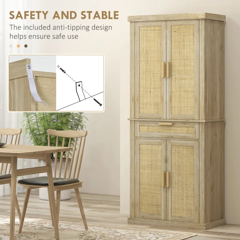 HOMCOM 72" Tall Kitchen Cabinet, Kitchen Pantry Cabinet with Rattan Doors, Drawer, 5-Tier Shelf and Adjustable Shelves, Oak
