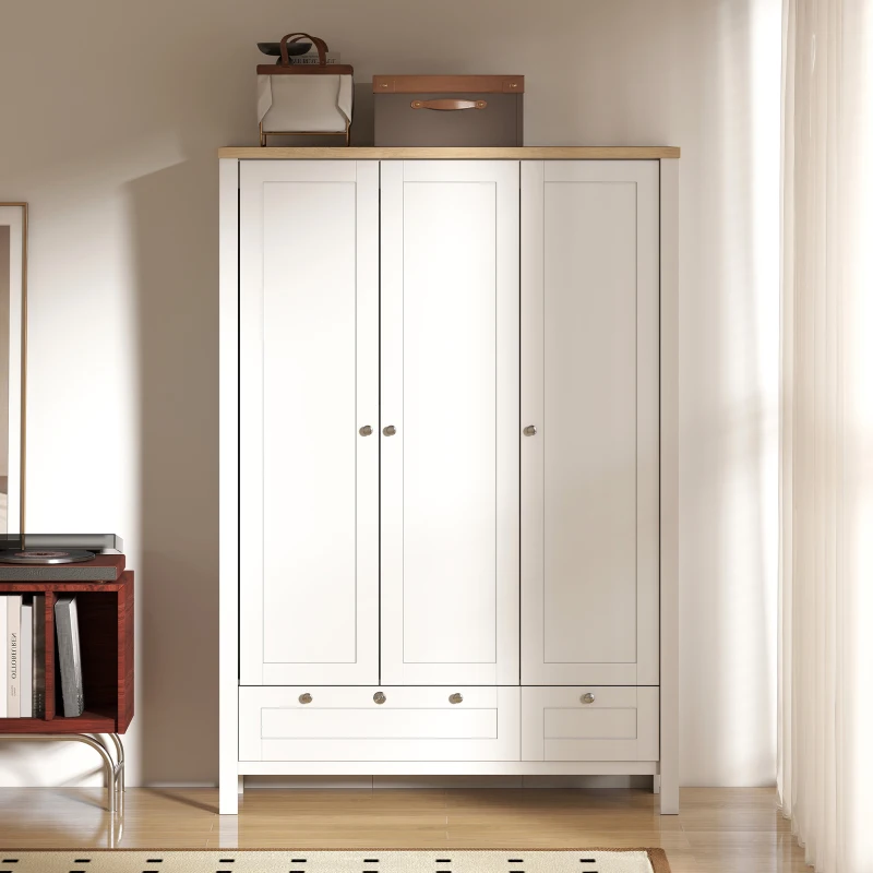 HOMCOM 3 Doors Wardrobe Closet with 2 Drawers, Bedroom Armoire with Lockable Drawer, Hanging Rod and Storage Shelves, White