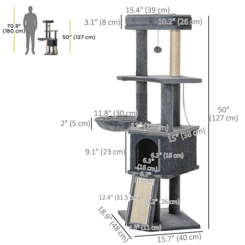 PawHut 50 Inch Cat Tree, Multi-Level Cat Tower with Sisal Scratching Posts and Ramp, Bed, Condo, Hammock, Toy Ball, Grey