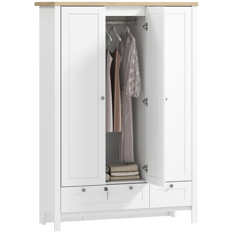HOMCOM 3 Doors Wardrobe Closet with 2 Drawers, Bedroom Armoire with Lockable Drawer, Hanging Rod and Storage Shelves, White