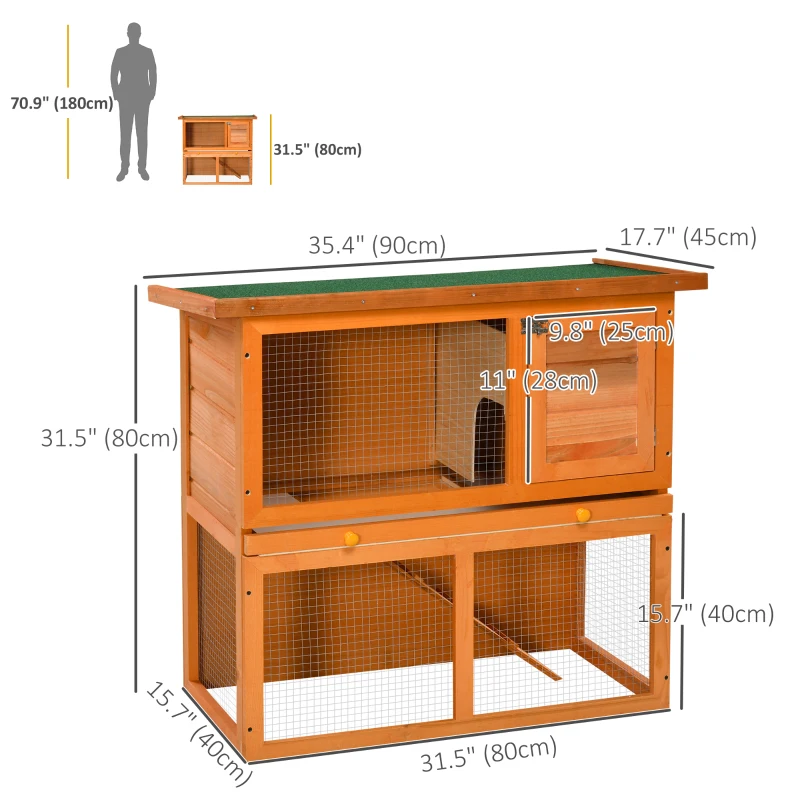 PawHut Wooden Rabbit Hutch, Indoor Outdoor Bunny Cage with Run, 2- Level Guinea Pig House with Slide-Out Tray, Waterproof Roof, Yellow