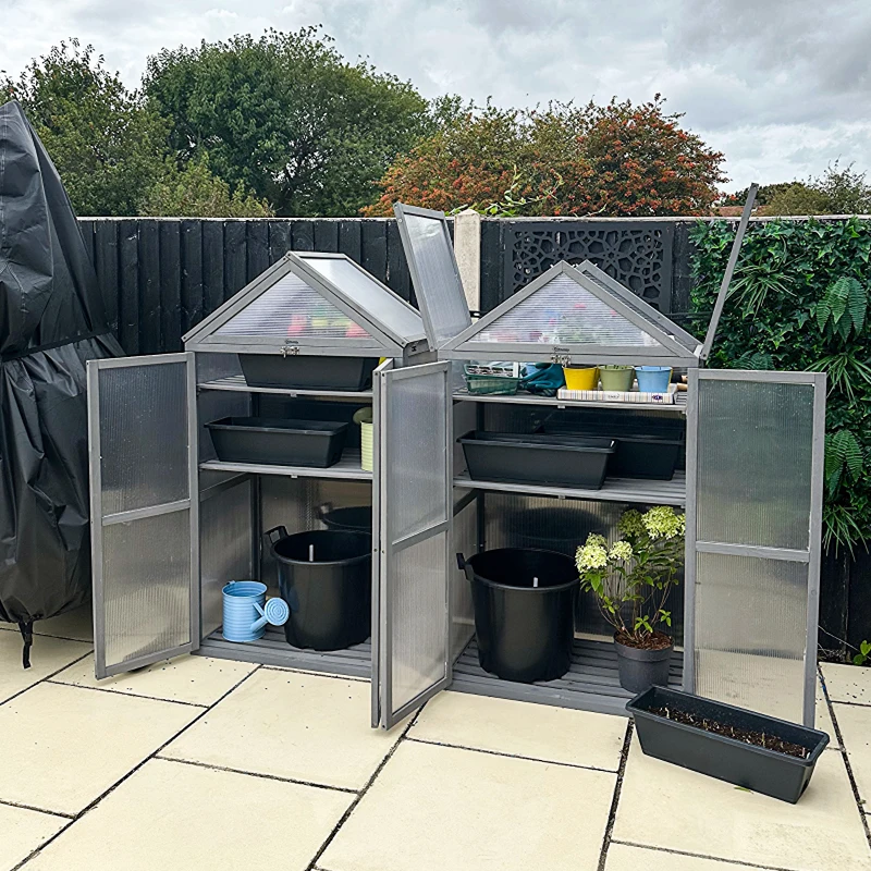 Outsunny 32" x 19" x 54" Garden Wood Cold Frame Greenhouse Flower Planter with Adjustable Shelves, Double Doors, Grey