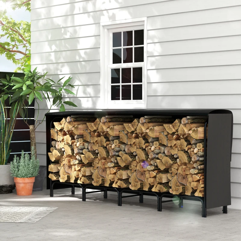 Outsunny 8ft Outdoor Firewood Rack with Cover, Adjustable Wood Storage Holder, Indoor Outdoor Log Rack, Black