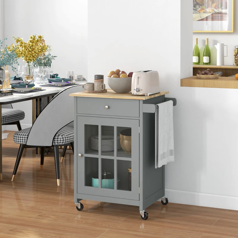 HOMCOM Rolling Kitchen Cart with Drawer and Glass Door Cabinet, Kitchen Island on Wheels with Towel Rack, Grey