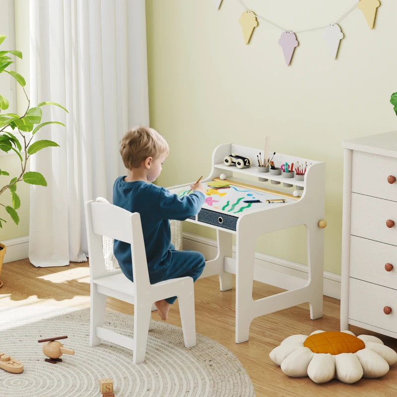Qaba Kids Study Table and Chair Set, Art Desk and Chair Set with Storage Shelf and Drawers for 3-8 Year Old