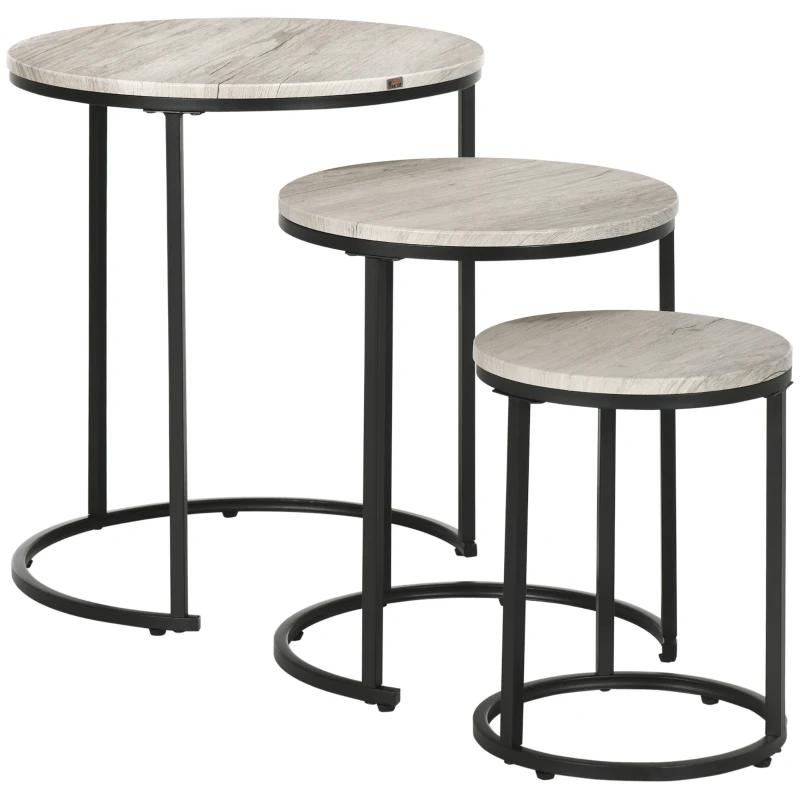 HOMCOM Nesting Tables Set of 3, Round Coffee Table, Stacking Side Tables with Steel Frame for Living Room, Grey