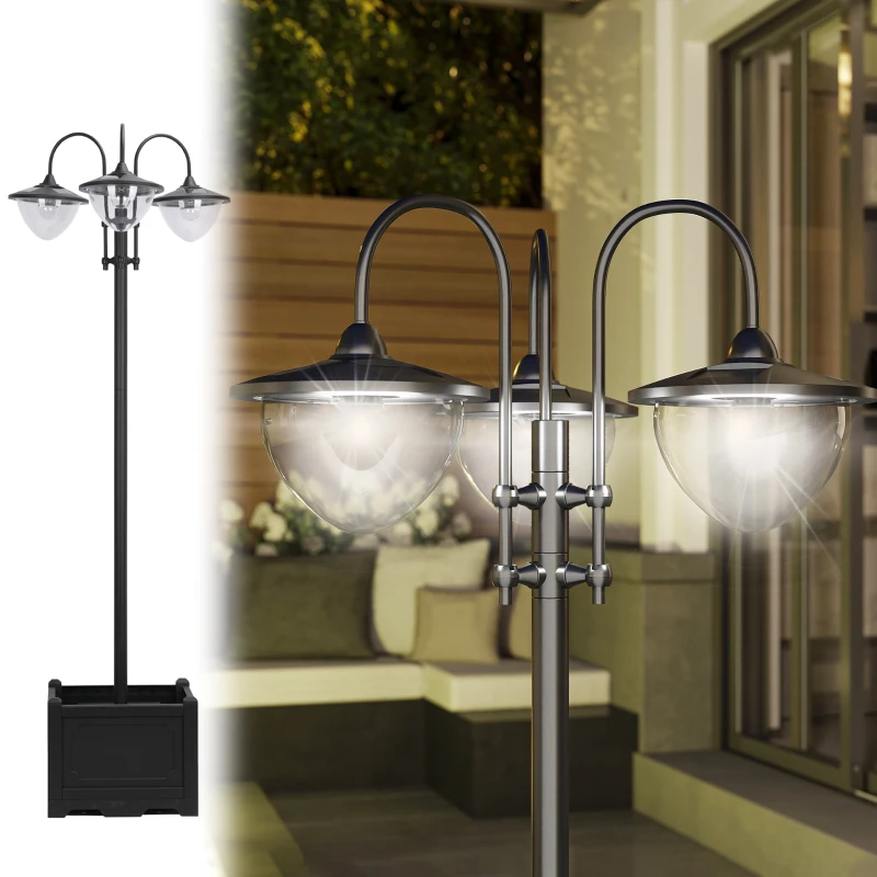 Outsunny 74.5" 3-head Solar Lamp Post Street Light with Planter, Automatic-on, 6 Hour Max Outdoor Ready LED Lighting, Black