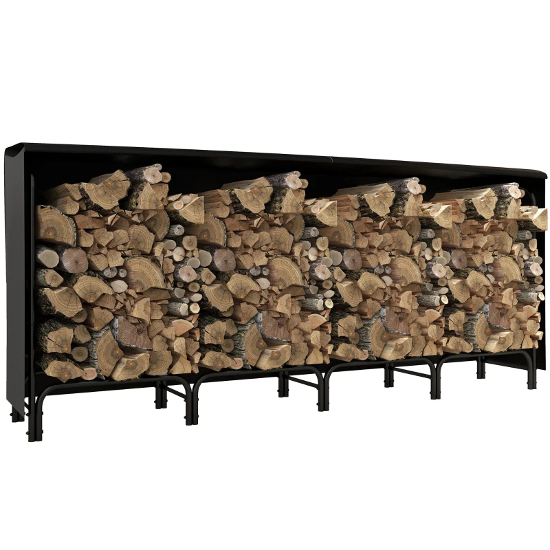 Outsunny 8ft Outdoor Firewood Rack with Cover, Adjustable Wood Storage Holder, Indoor Outdoor Log Rack, Black