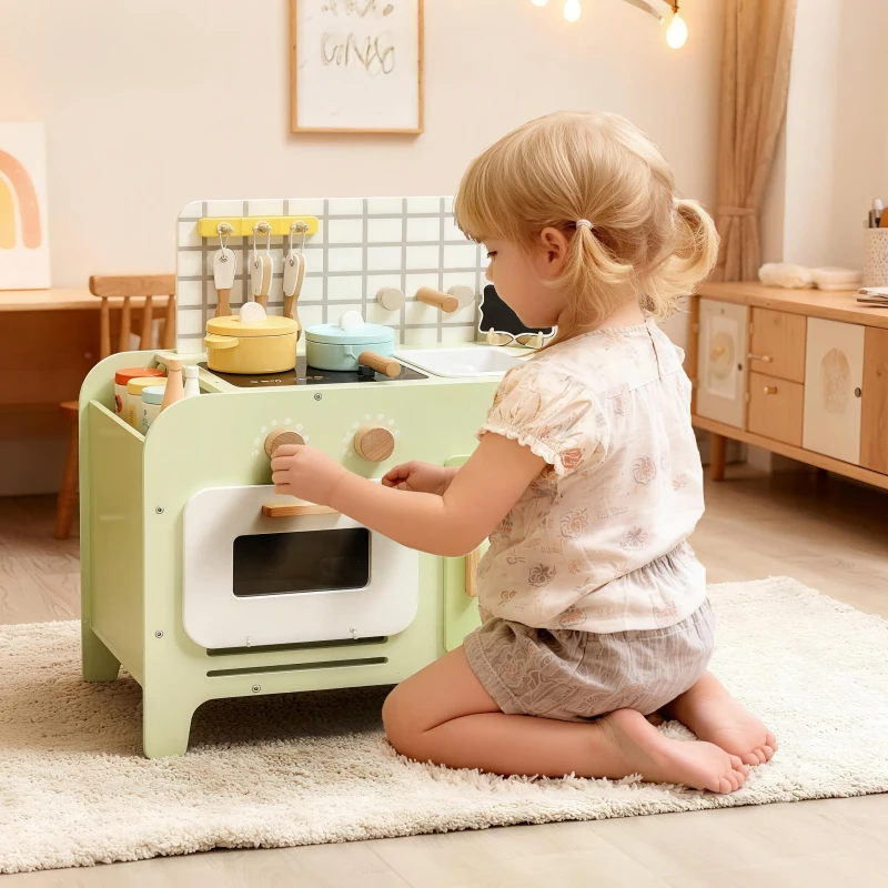 Qaba Kids Kitchen Playset with 15 Accessories, Microwave Oven, Cabinets, for Boys and Girls Ages 3+, Green