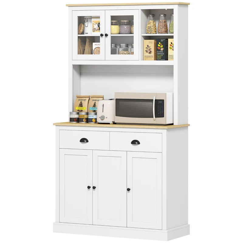 HOMCOM Freestanding Kitchen Cabinet, 71" Tall Pantry Cabinet, Modern Hutch with Wide Countertop, Adjustable Shelves, White