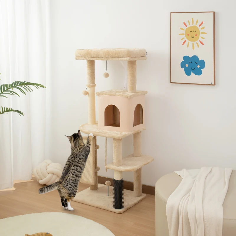 PawHut 52 Inch Cat Tree with Scratching Posts, Cat Bed, Condo, Grooming Brush, Jumping Platforms, Toy Balls, Anti-tip Kit