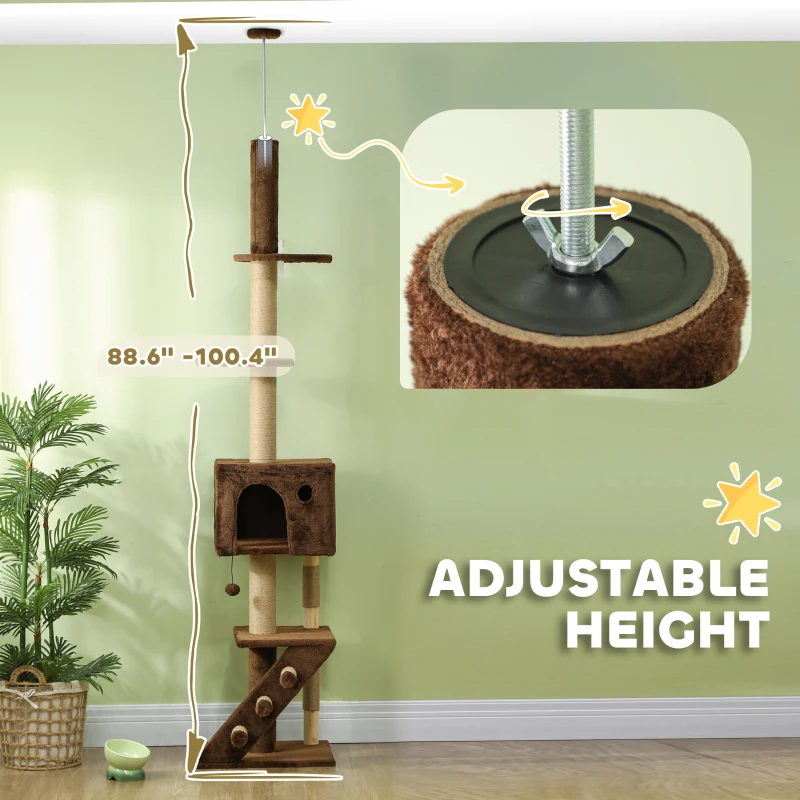 PawHut 89"-100" Floor to Ceiling Cat Tree with Cat Condo, Scratching Posts, 3-Steps, Perches, Hanging Ball & Anti-Tip Kit Brown