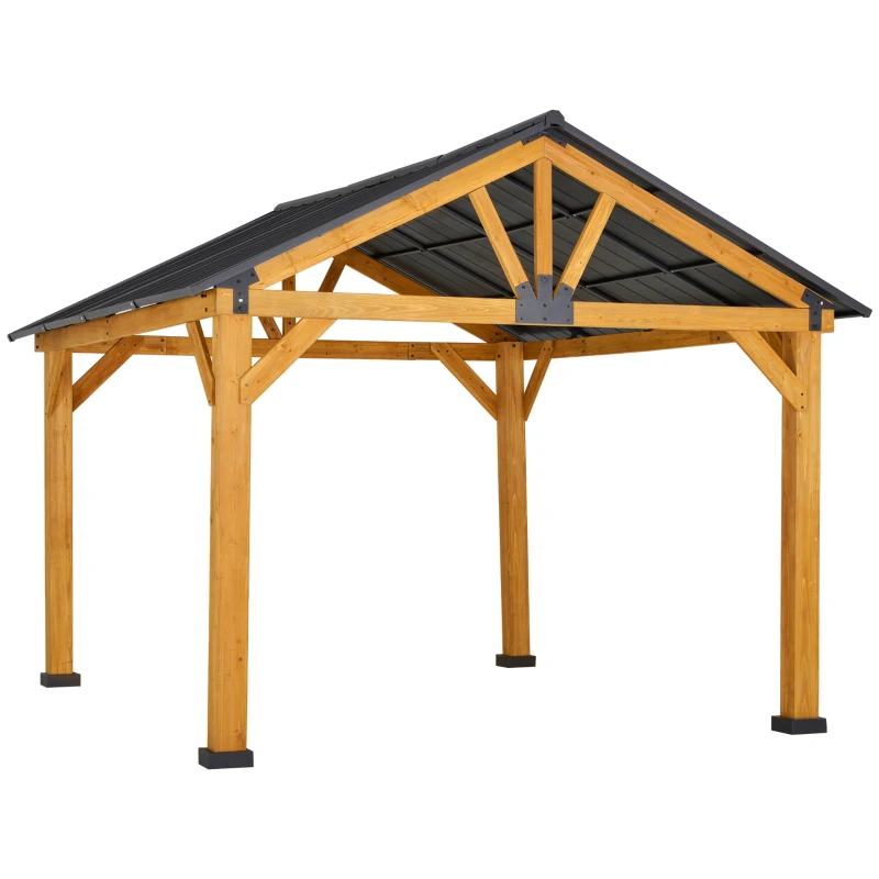 Outsunny 11' x 13' Wooden Gazebo Canopy Outdoor Sun Shade Shelter w/ Steel Roof, Solid Wood, Black & Natural
