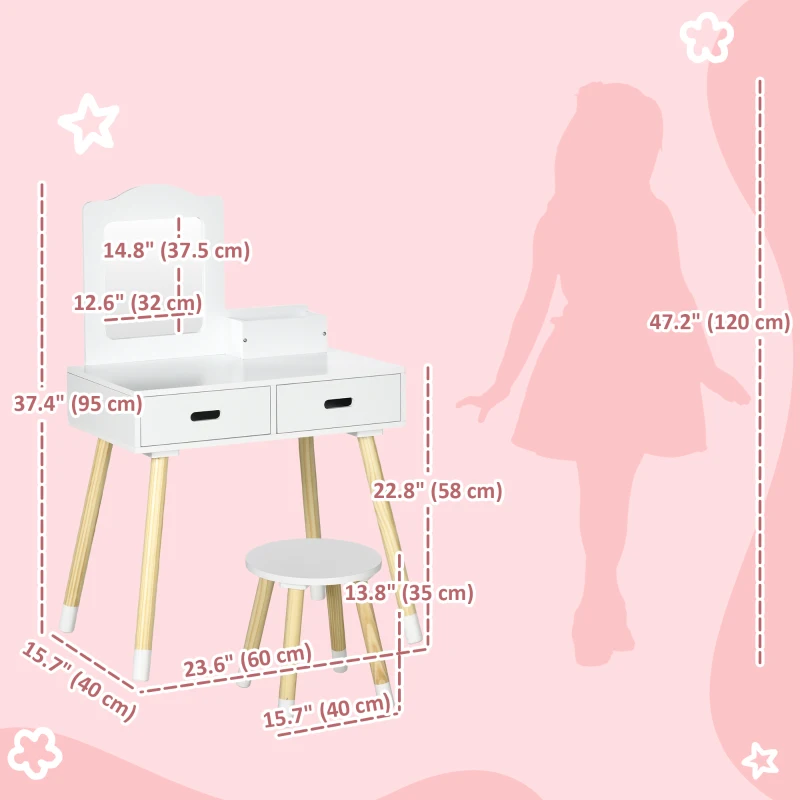 Qaba Kids Vanity Set with Mirror and Stool, Makeup Dressing Table with Drawers for Children Aged 3-6 Years, White