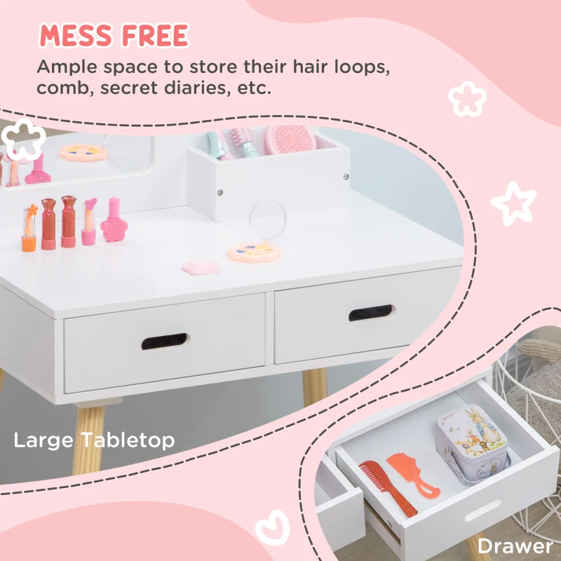 Qaba Kids Vanity Set with Mirror and Stool, Makeup Dressing Table with Drawers for Children Aged 3-6 Years, White