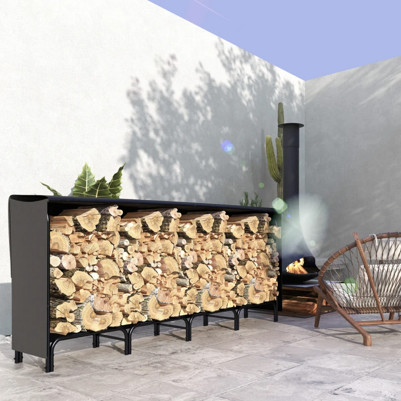 Outsunny 8ft Outdoor Firewood Rack with Cover, Adjustable Wood Storage Holder, Indoor Outdoor Log Rack, Black